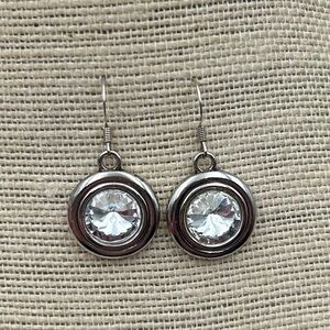 Silver-toned Dangle Drop Earrings Clear Faceted Round Crystal Hook Sparkle